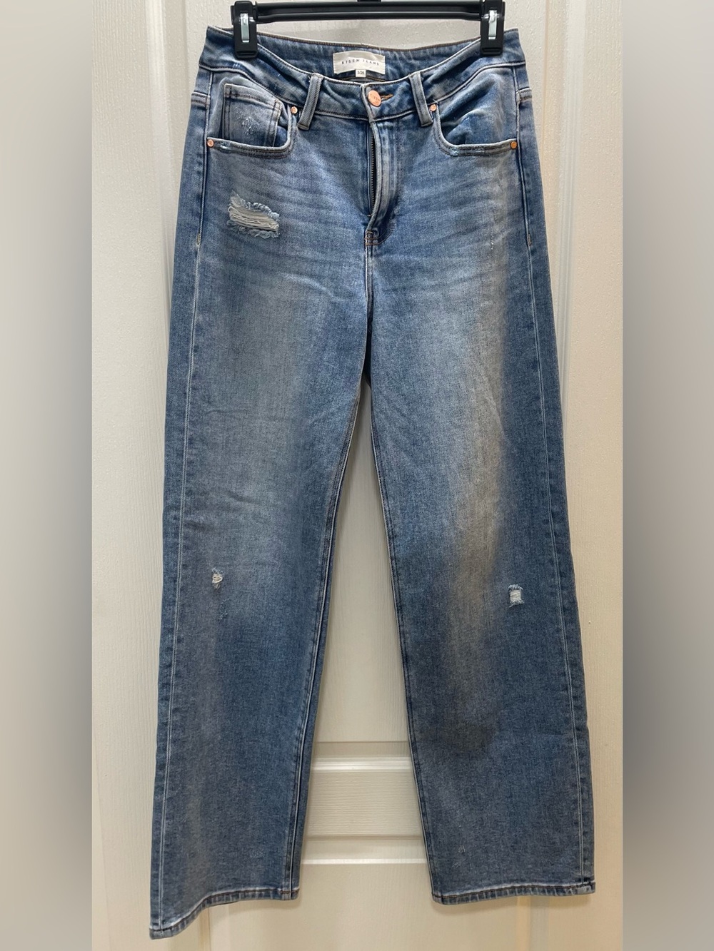 Risen Women's Straight Leg Distressed Jeans in Medium Blue